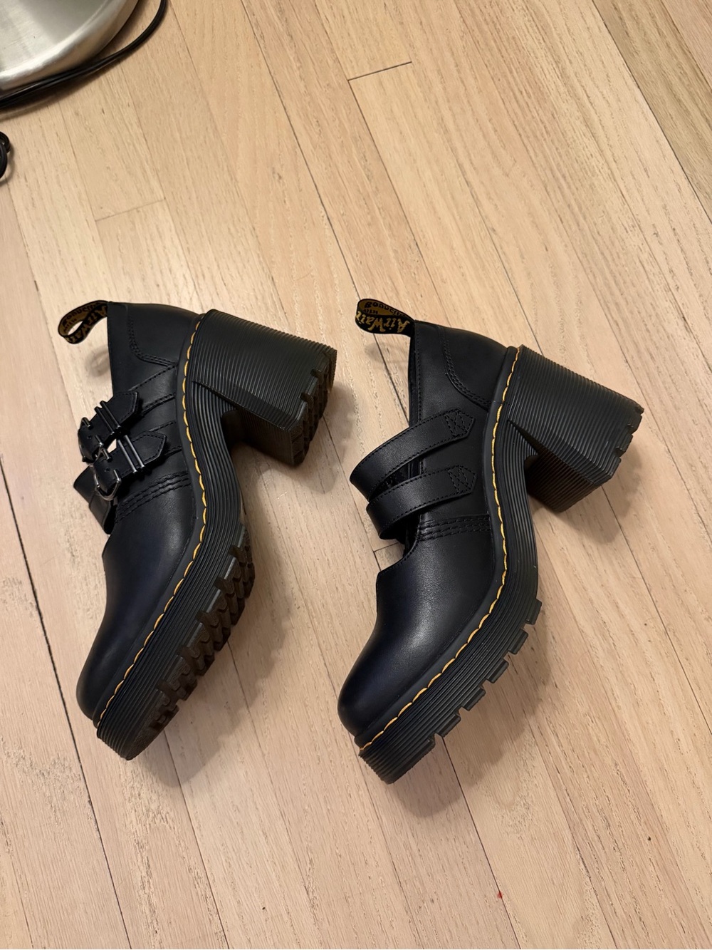 Dr. Martens Black Leather Platform Mary Jane Heels with Yellow Stitching - Picture 5 of 7